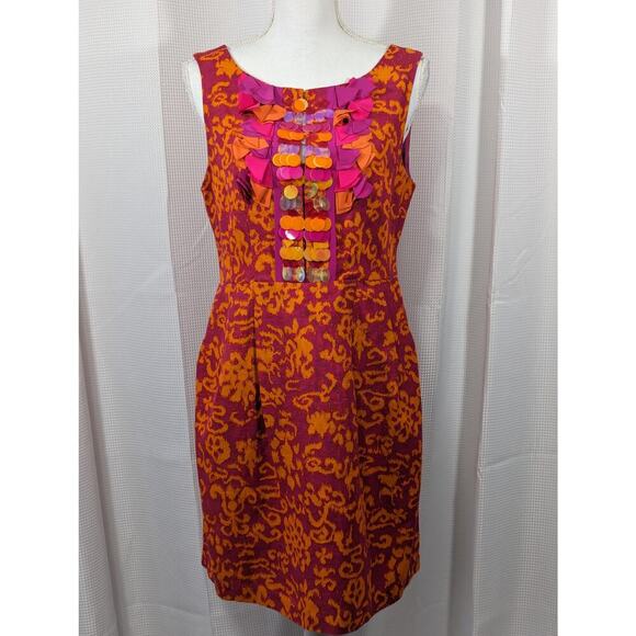NANETTE LEPORE! SILK & LINEN! FUSCHIA PINK, ORANGE SEQUINNED, RUFFLE DRESS!SZ 8 - Picture 2 of 8